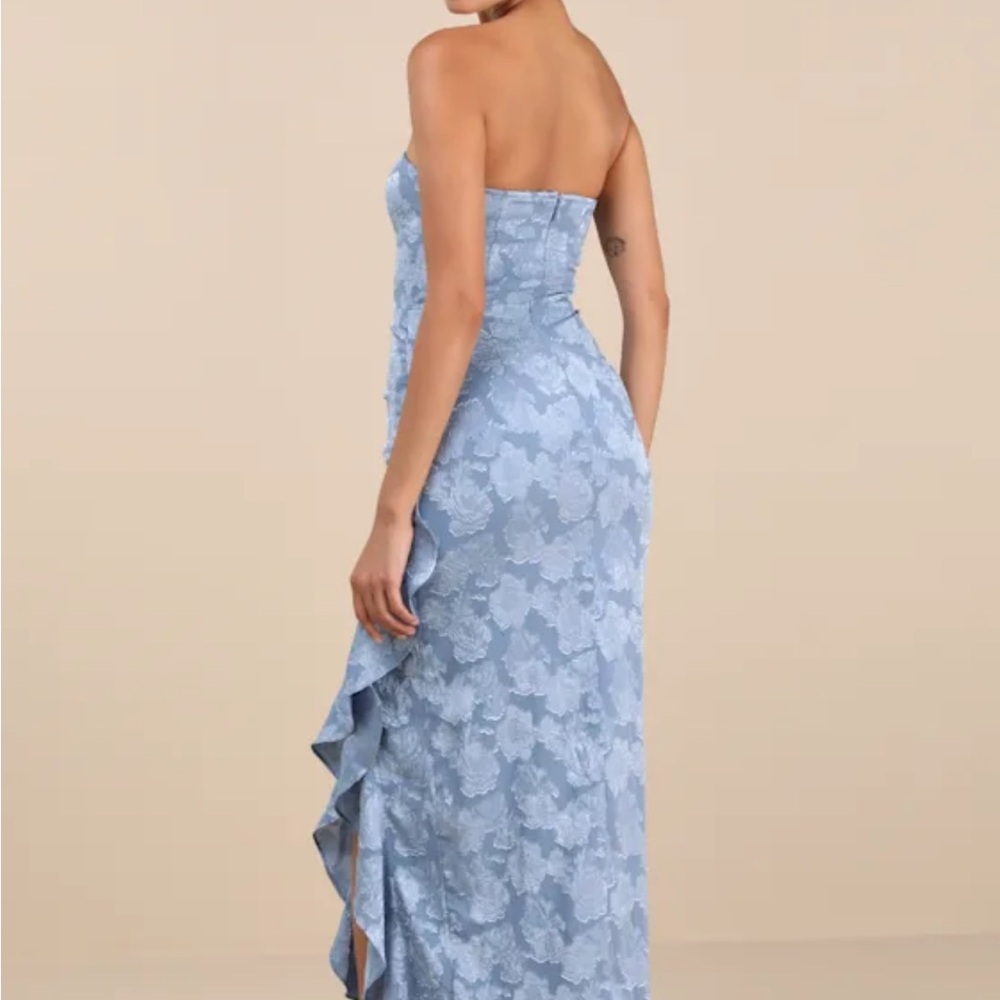 Strapless Light Blue Lace Ruffle Maxi Dress